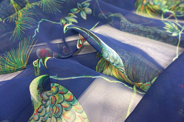 Green Crane Print on Blue Chiffon