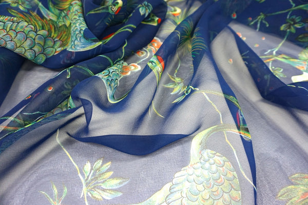 Green Crane Print on Blue Chiffon