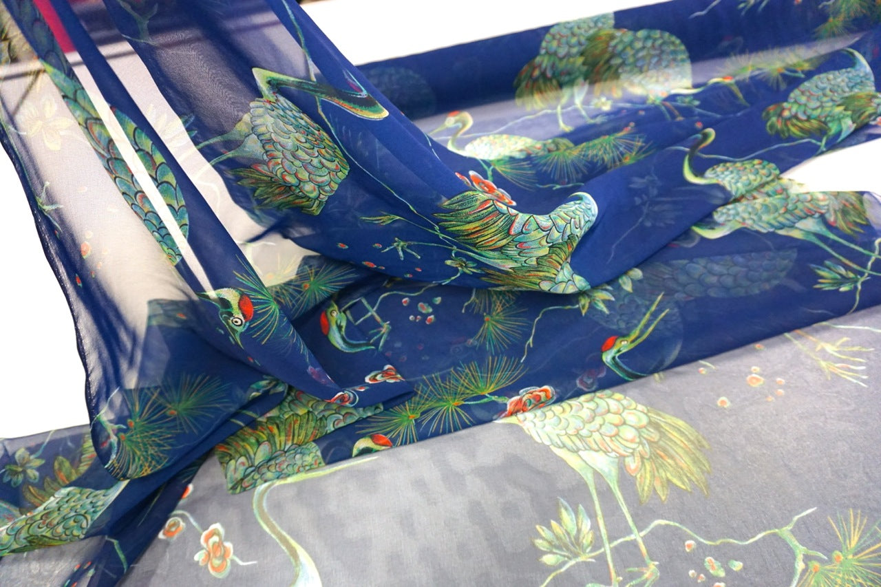 Green Crane Print on Blue Chiffon