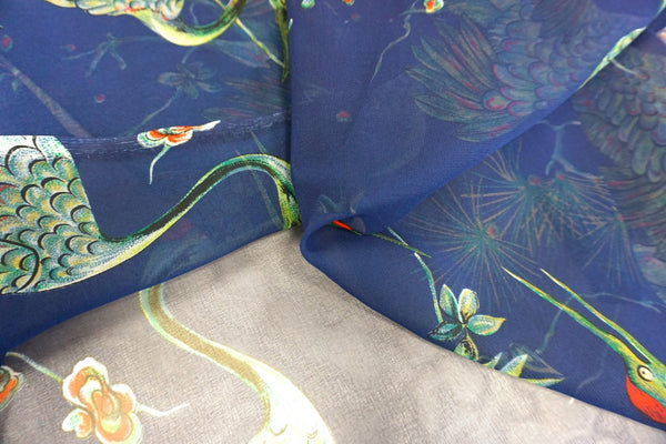 Green Crane Print on Blue Chiffon