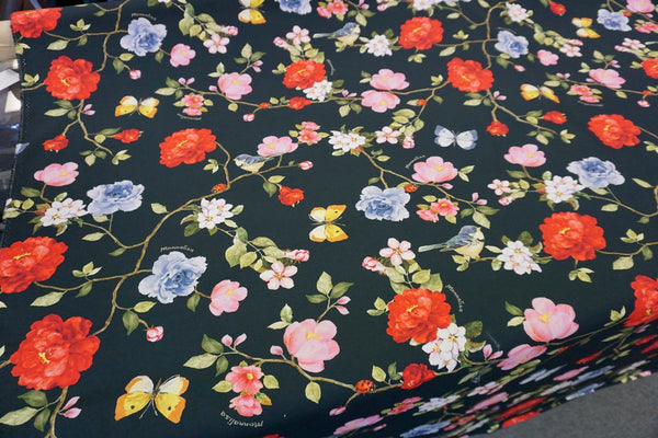 Yellow Robin's Garden Print on Poplin, Black