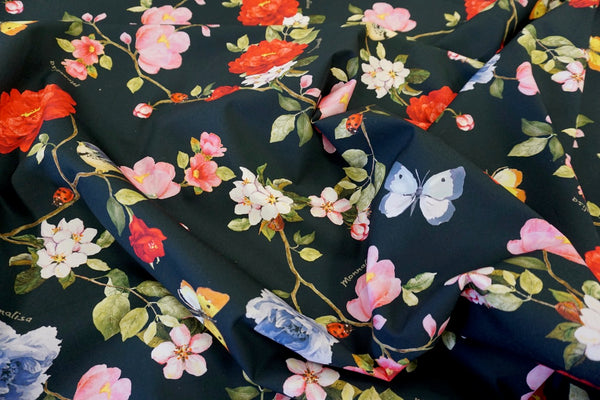 Yellow Robin's Garden Print on Poplin, Black