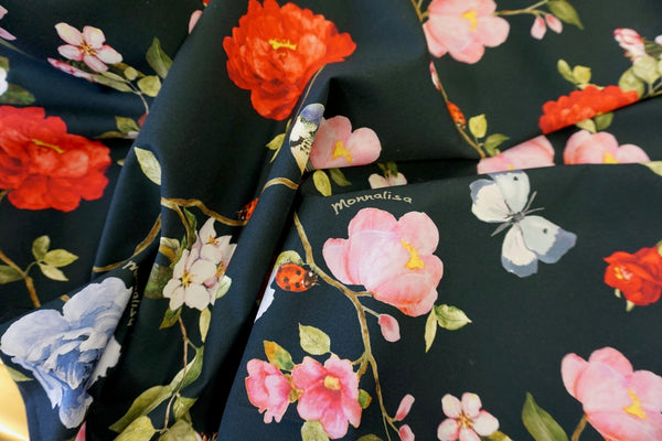 Yellow Robin's Garden Print on Poplin, Black