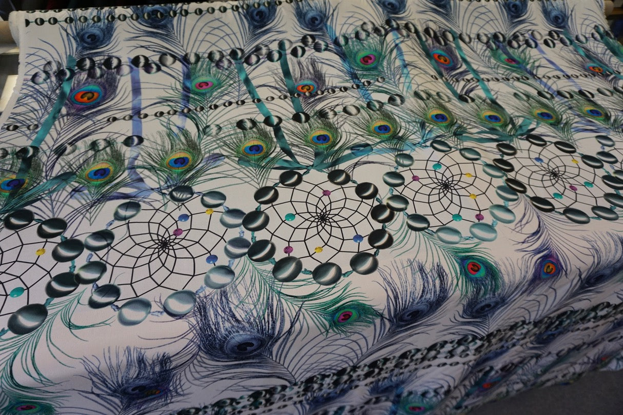 Peacock Dream Catcher Print on Crepe de Chine