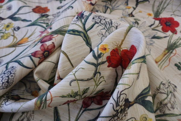 Botanical Print on Silk Blend Slub Ottoman