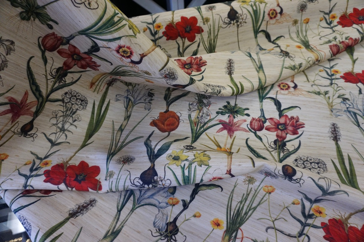 Botanical Print on Silk Blend Slub Ottoman