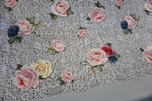 PANEL- Rose & Lace print on Scuba, Grey