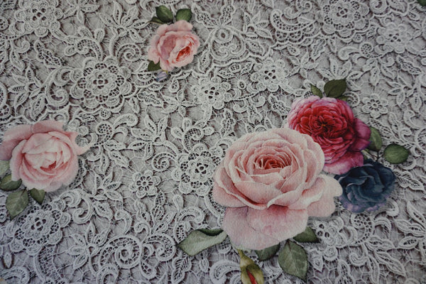 PANEL- Rose & Lace print on Scuba, Grey