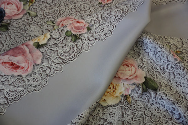 PANEL- Rose & Lace print on Scuba, Grey