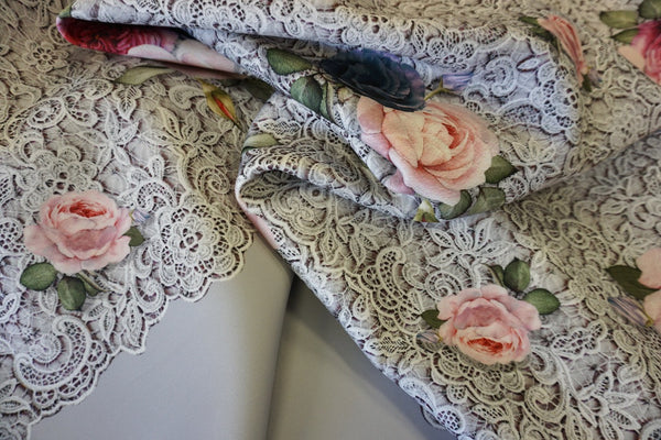 PANEL- Rose & Lace print on Scuba, Grey