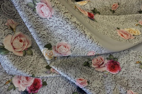 PANEL- Rose & Lace print on Scuba, Grey