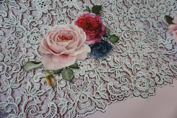 PANEL- Rose & Lace print on Scuba, Pink