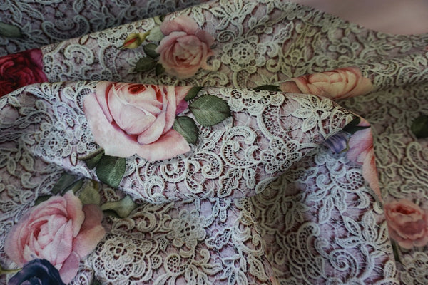 PANEL- Rose & Lace print on Scuba, Pink