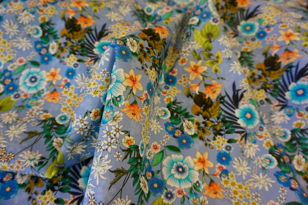 Vivid Botanics Print on Powder Blue Stretch Drill