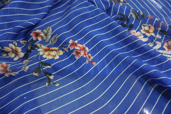 Floral Stripes Print Silk Chiffon, Blue