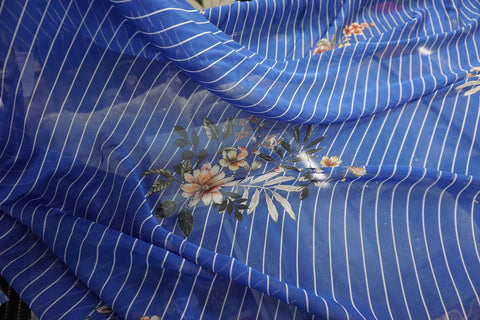 Floral Stripes Print Silk Chiffon, Blue