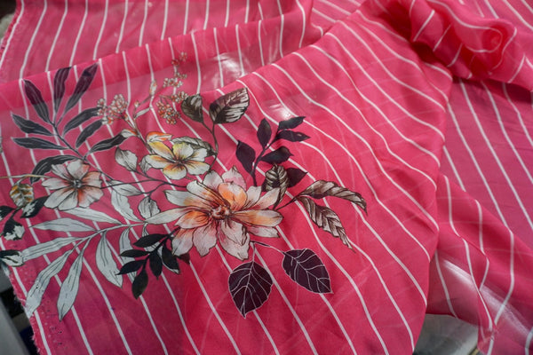 Floral Stripes Print Silk Chiffon, Fuschia