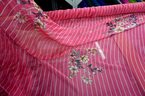 Floral Stripes Print Silk Chiffon, Fuschia