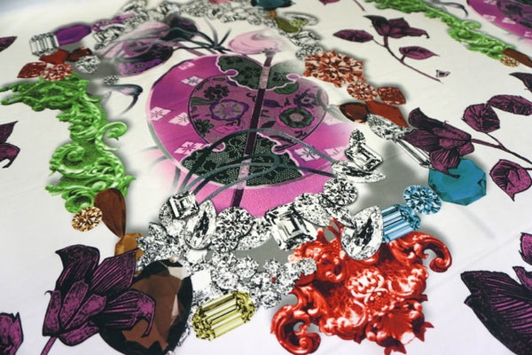 PANEL- Jewels and Purple Leaves Collage on Stretch Sateen