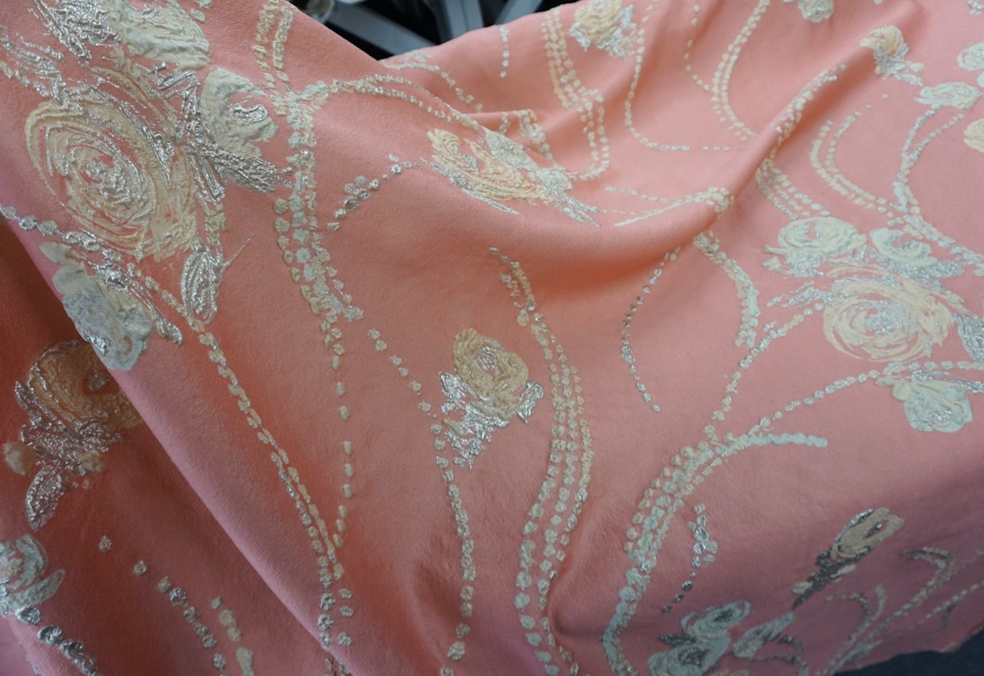 Silver & Apricot Rose Cloquè Jacquard