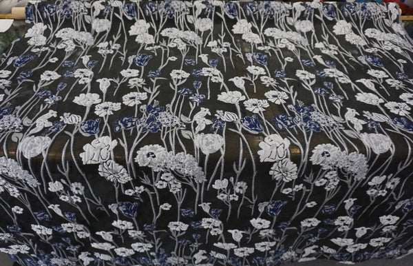 Black, Silver & Navy, Floral Cloqué Jacquard Organza