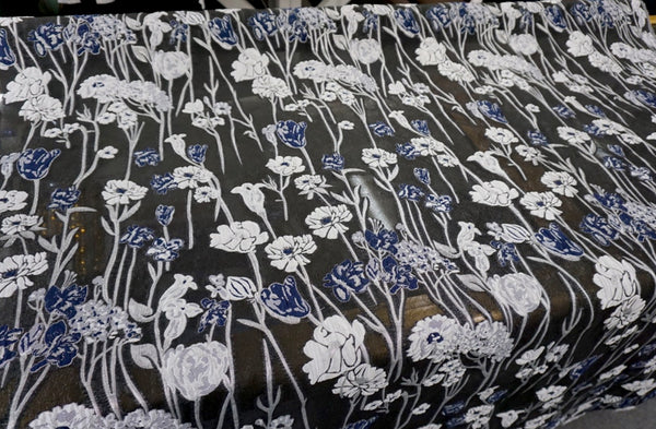 Black, Silver & Navy, Floral Cloqué Jacquard Organza