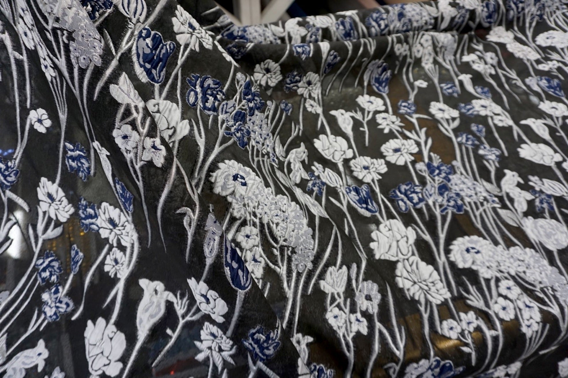 Black, Silver & Navy, Floral Cloqué Jacquard Organza