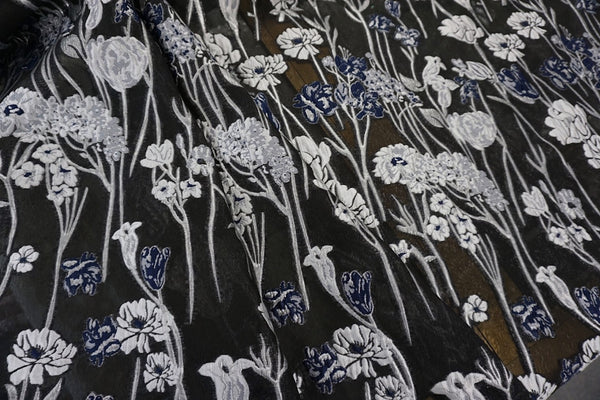 Black, Silver & Navy, Floral Cloqué Jacquard Organza