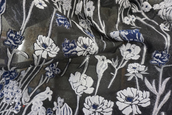 Black, Silver & Navy, Floral Cloqué Jacquard Organza