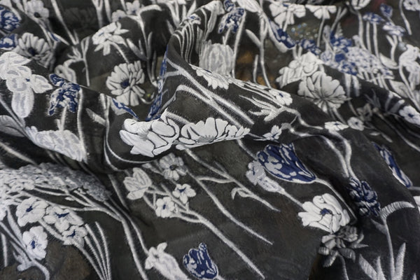 Black, Silver & Navy, Floral Cloqué Jacquard Organza