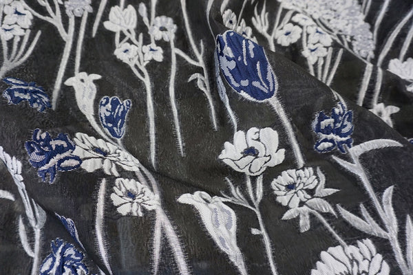 Black, Silver & Navy, Floral Cloqué Jacquard Organza