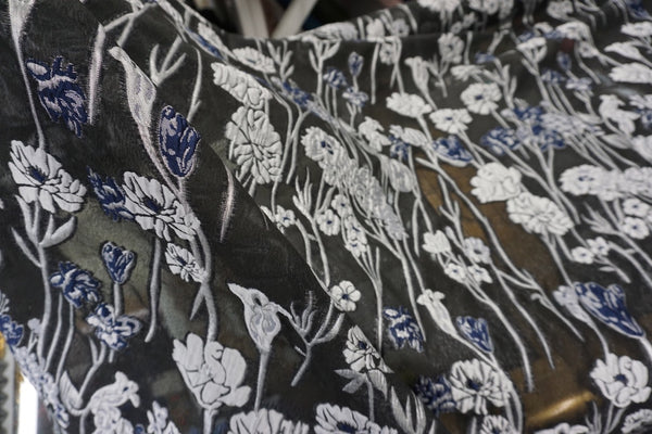 Black, Silver & Navy, Floral Cloqué Jacquard Organza