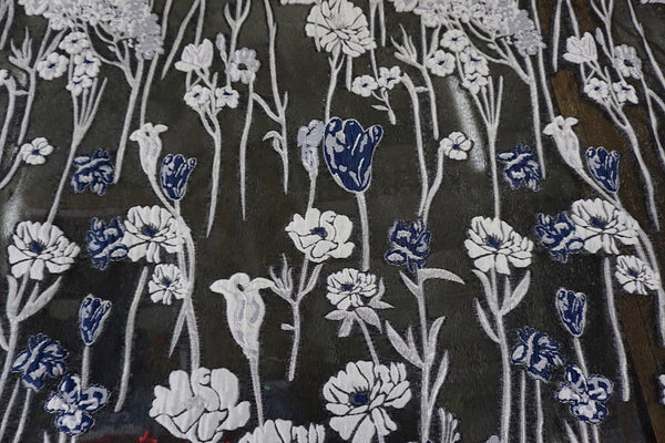 Black, Silver & Navy, Floral Cloqué Jacquard Organza