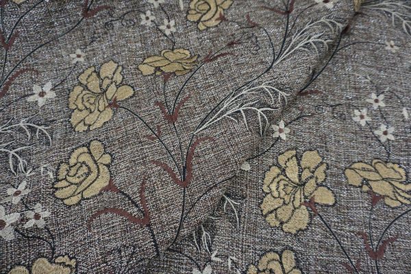 Beige Florals Embroidered on Tweed Suiting with Silver Lurex Thread