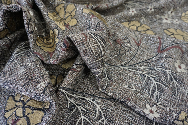 Beige Florals Embroidered on Tweed Suiting with Silver Lurex Thread