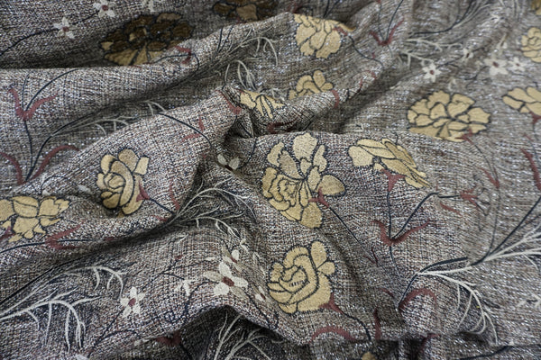 Beige Florals Embroidered on Tweed Suiting with Silver Lurex Thread