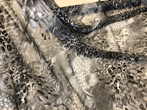 LAST PIECE: 1.4 MT  Floral & Wild Print on Silk Devore, Grey Tones