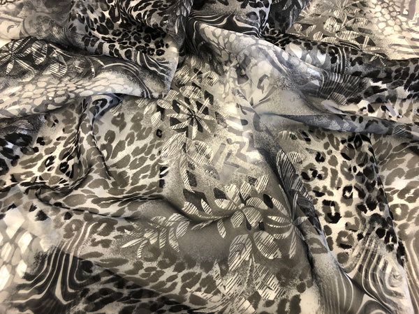 LAST PIECE: 1.4 MT  Floral & Wild Print on Silk Devore, Grey Tones