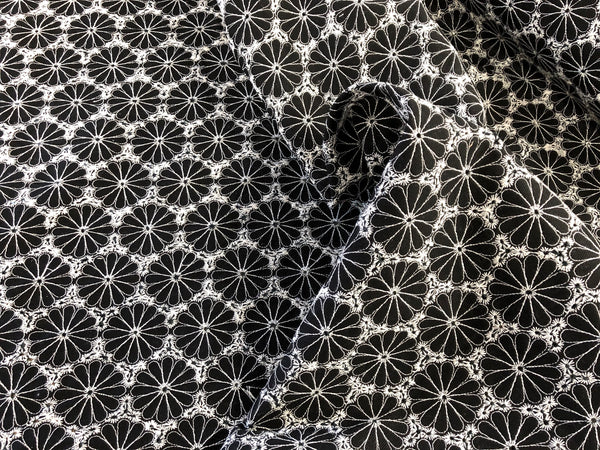 Black Embroidered Drill, White Flowers on Black Twill