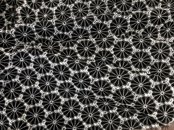 Black Embroidered Drill, White Flowers on Black Twill