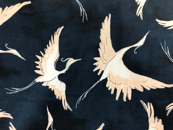 LAST PIECE: 1.9 MT  Pastel Cranes Print on Navy Cotton Poplin
