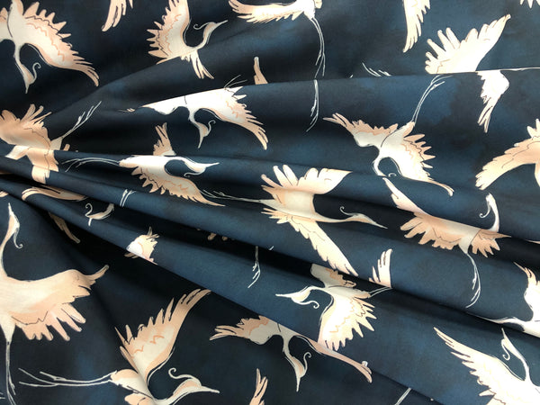 LAST PIECE: 1.9 MT  Pastel Cranes Print on Navy Cotton Poplin