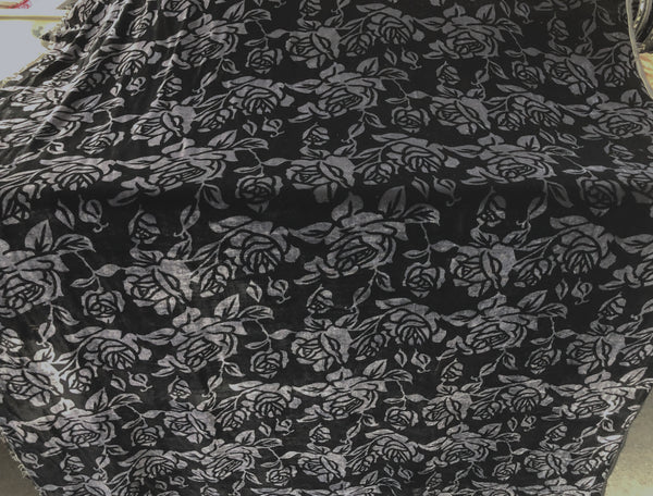 French Rose Print Silk Blend Velvet, Black & Charcoal