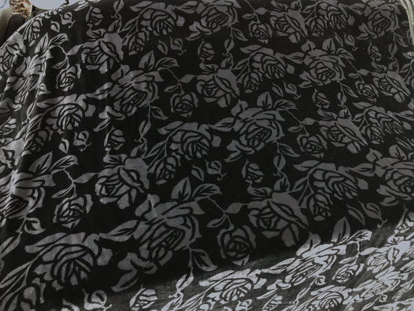 French Rose Print Silk Blend Velvet, Black & Charcoal