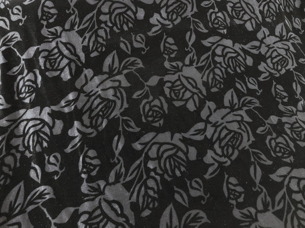 French Rose Print Silk Blend Velvet, Black & Charcoal