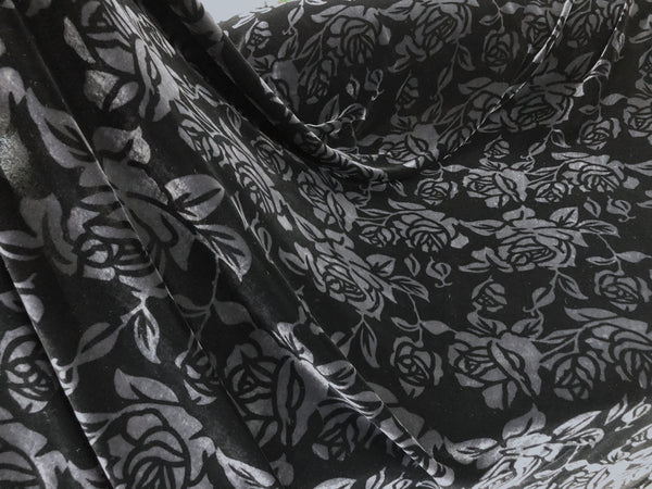 French Rose Print Silk Blend Velvet, Black & Charcoal