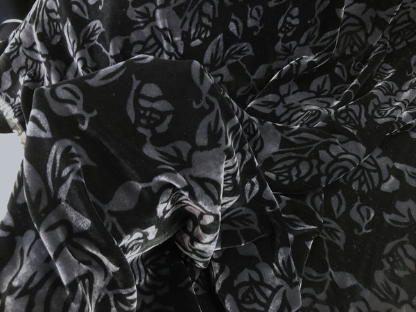 French Rose Print Silk Blend Velvet, Black & Charcoal