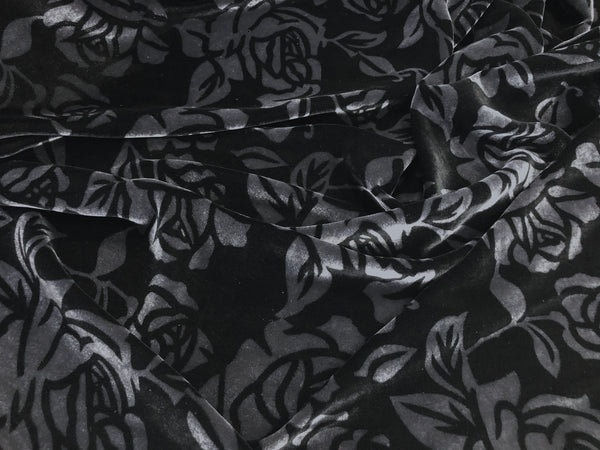 French Rose Print Silk Blend Velvet, Black & Charcoal