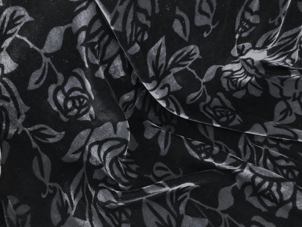 French Rose Print Silk Blend Velvet, Black & Charcoal
