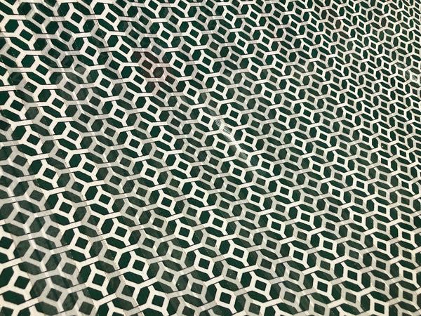 Green & White Geometric Print on Semi-Sheer Chiffon Satin, With Lurex Thread